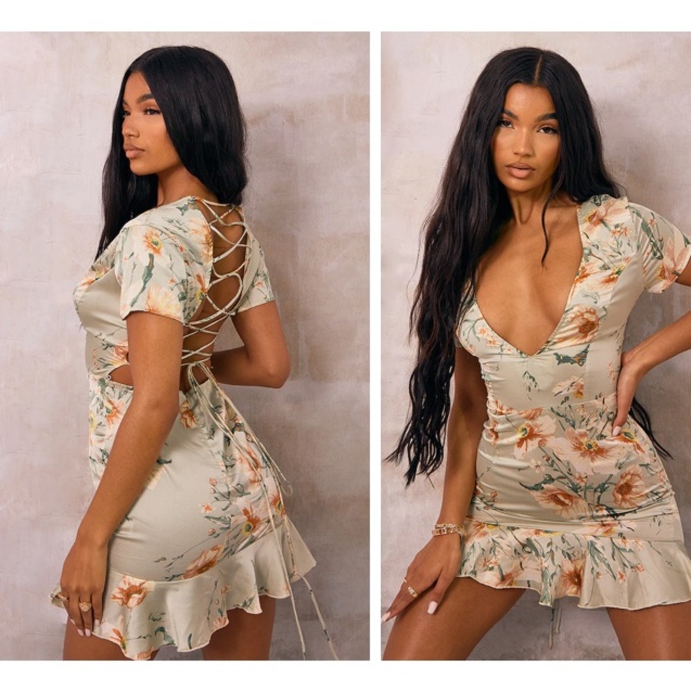 PRETTY LITTLE THING PLUS SAGE GREEN FLORAL CRISS CROSS BACK BODYCON DRESS